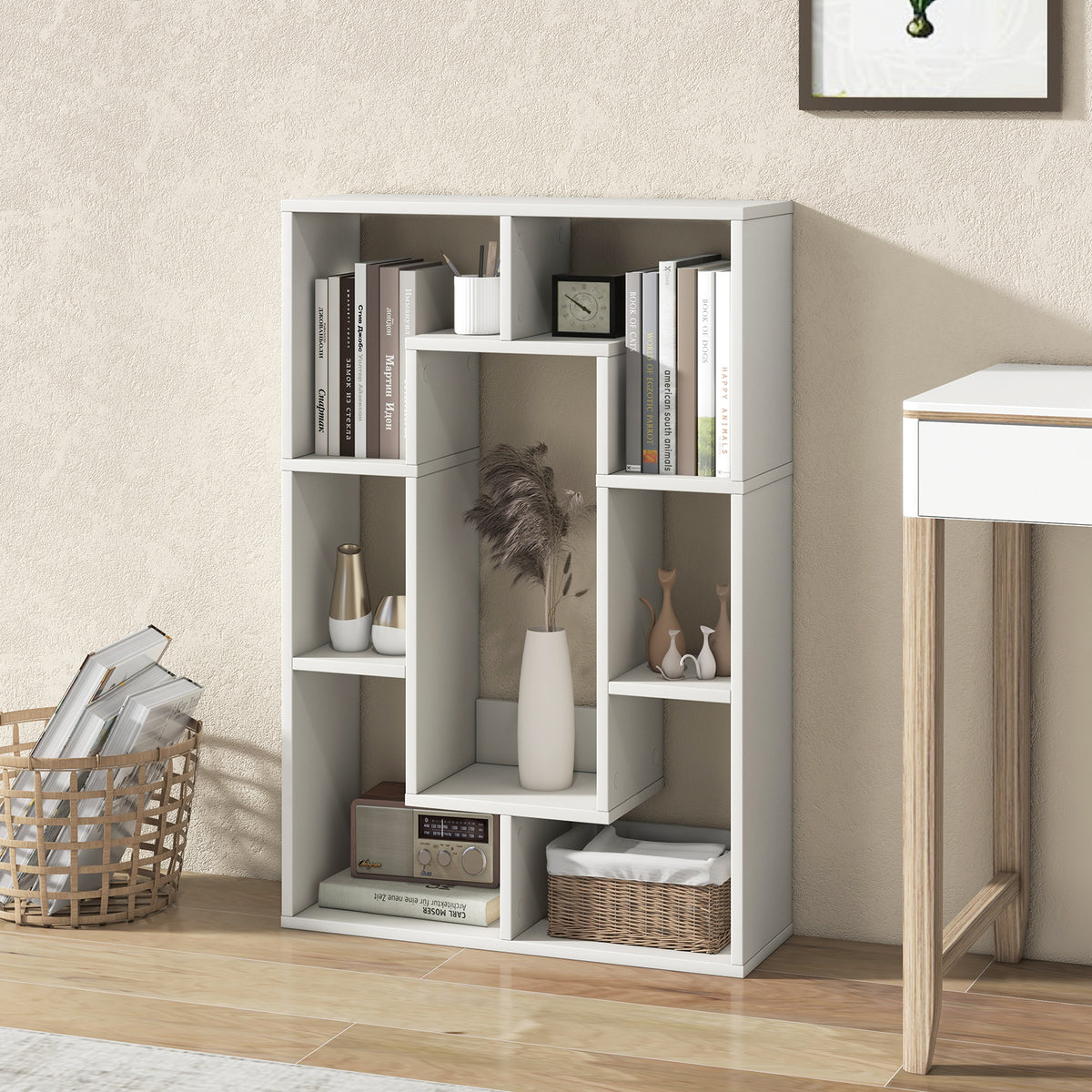 7-Cube Geometric Bookshelf Modern Decorative Open Bookcase-White-Bookcases-DECOROLALA