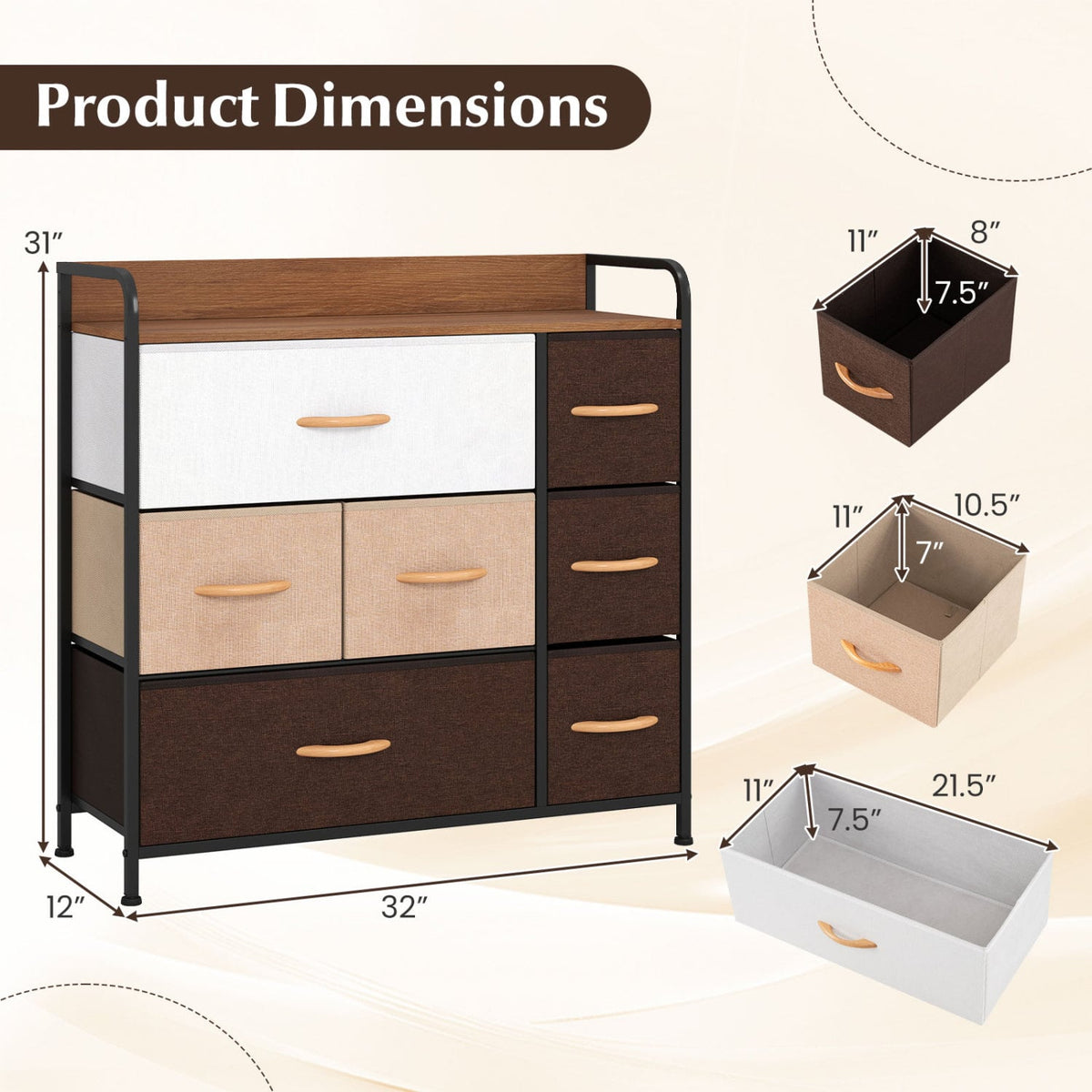 7-Drawer Fabric Dresser - Cream (min order qty 2)-Dressers & Chests-DECOROLALA