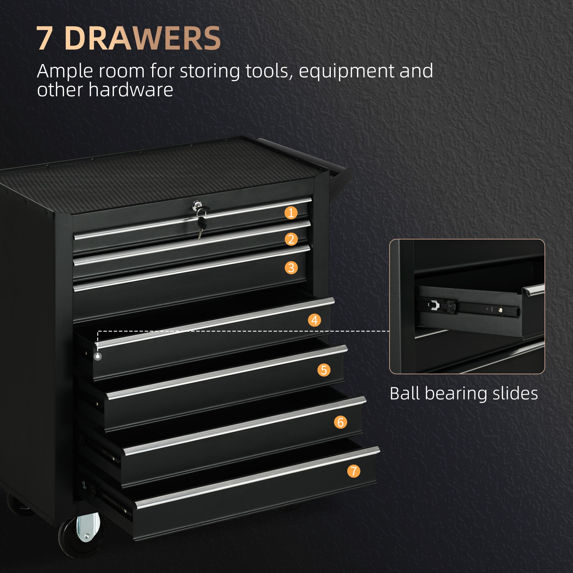 7-Drawer Mobile Tool Chest - Black Steel 27"L-DECOROLALA