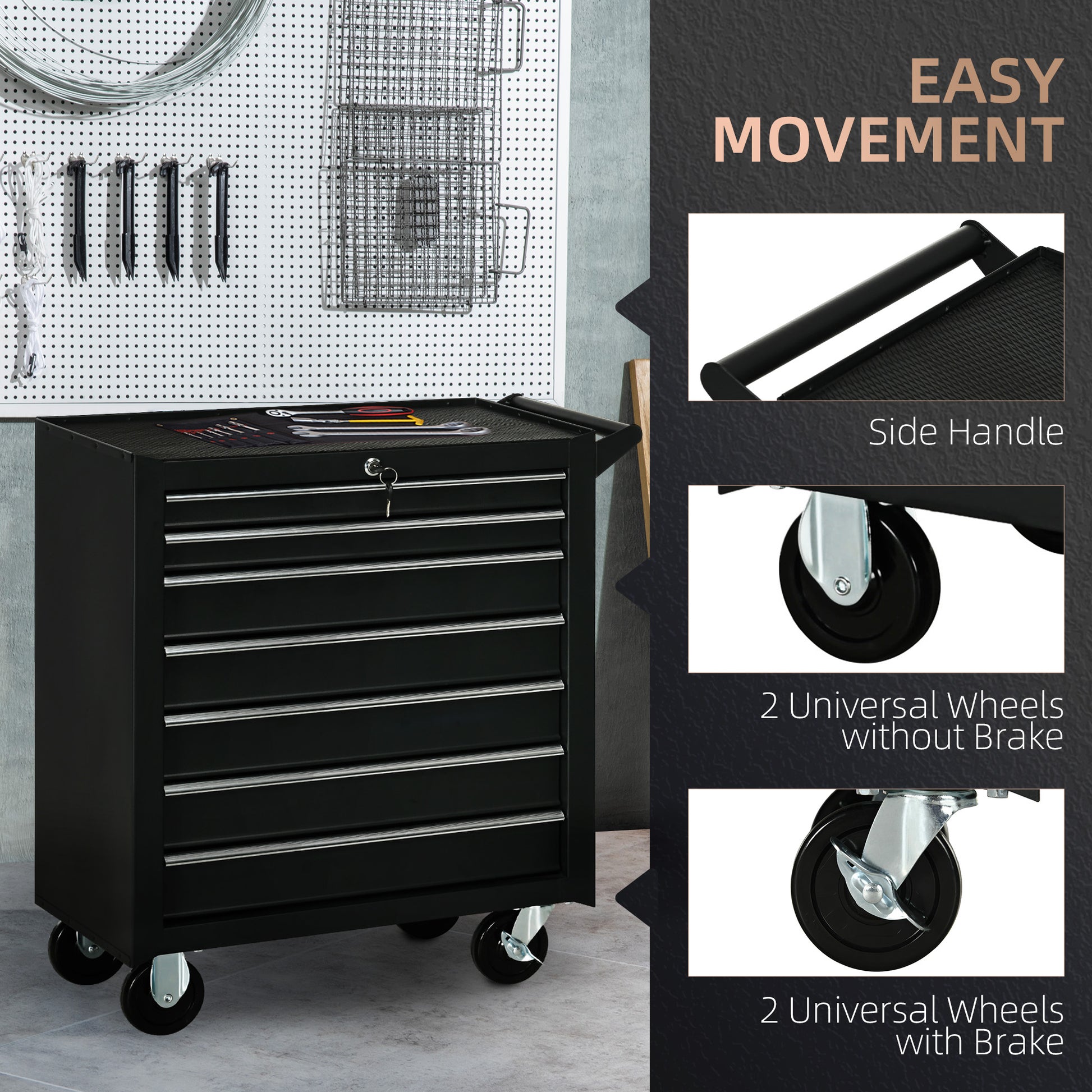 7-Drawer Mobile Tool Chest - Black Steel 27"L-DECOROLALA