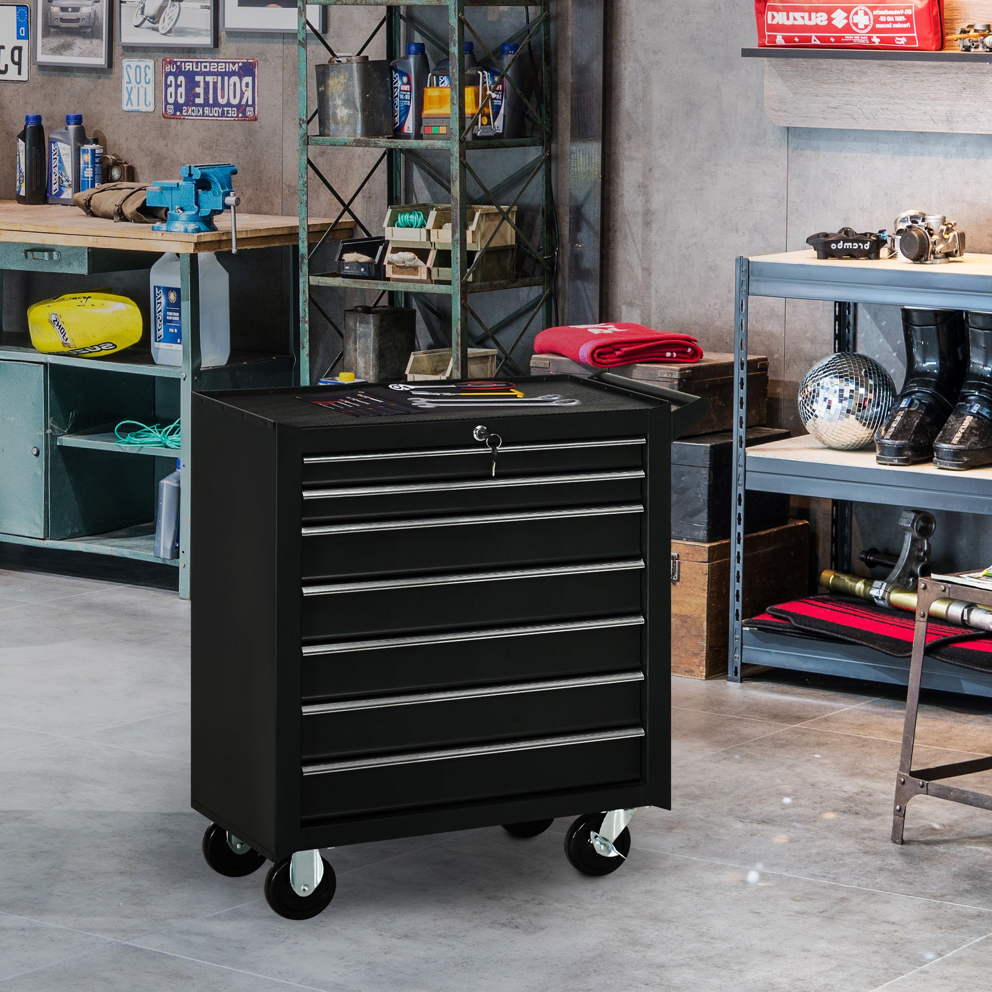 7-Drawer Mobile Tool Chest - Black Steel 27"L-DECOROLALA