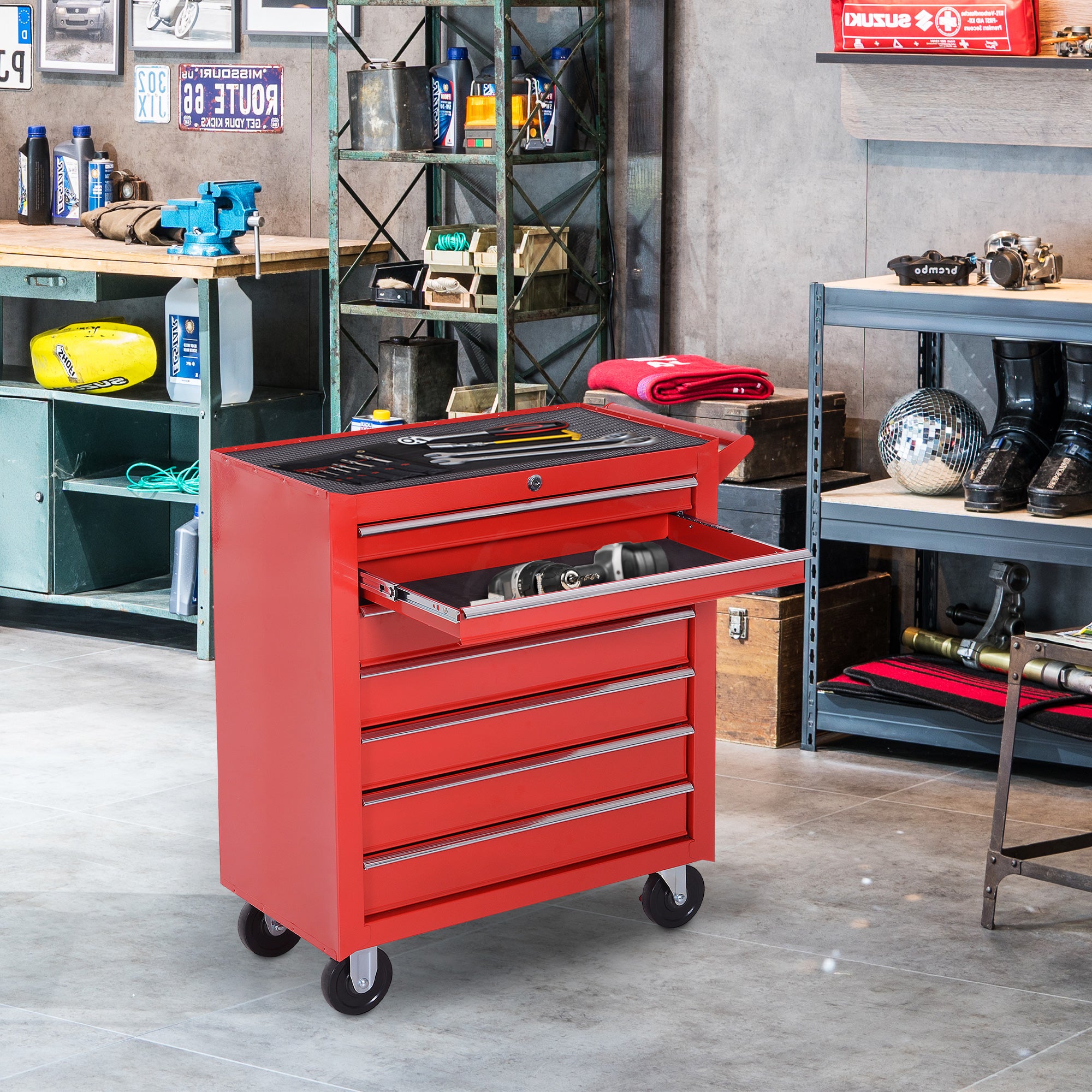 7-Drawer Rolling Tool Chest - Red Steel Cabinet-DECOROLALA