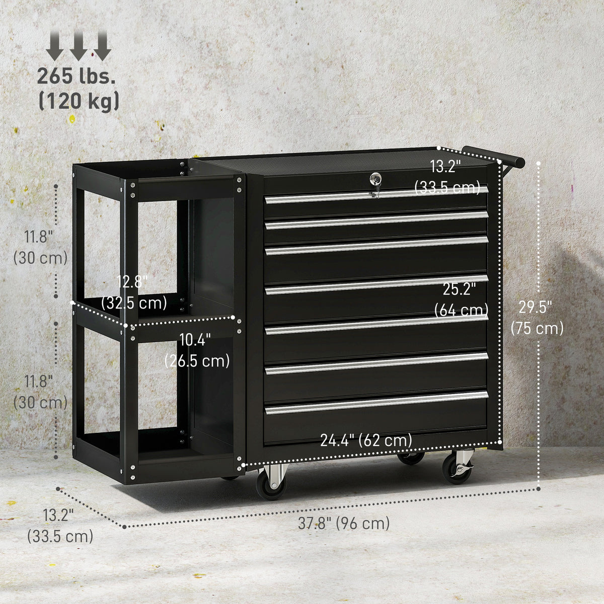 7-Drawer Rolling Tool Chest with Side Shelf - Black Steel-Home Improvement > Tools > Tool Organizers-DECOROLALA