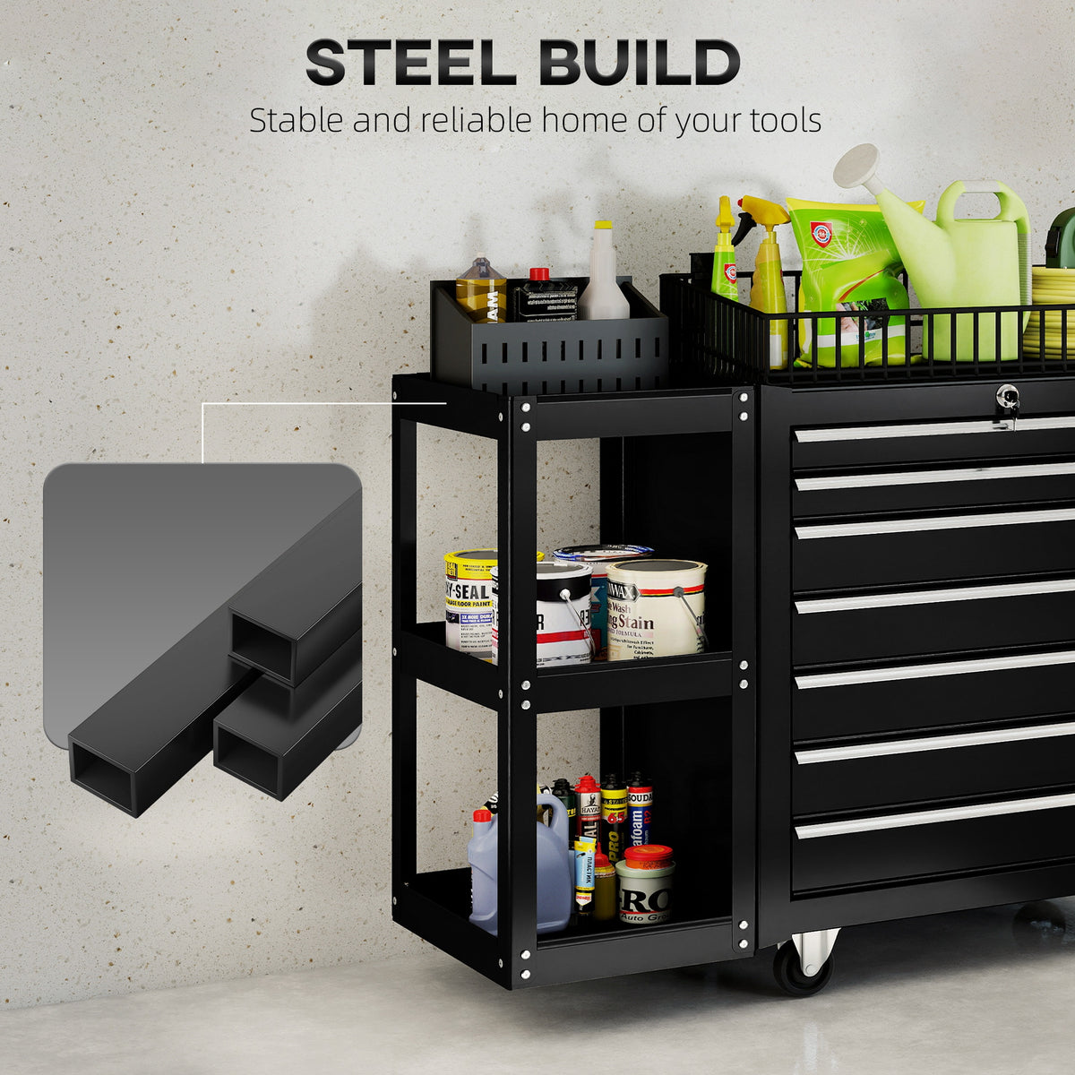 7-Drawer Rolling Tool Chest with Side Shelf - Black Steel-Home Improvement > Tools > Tool Organizers-DECOROLALA
