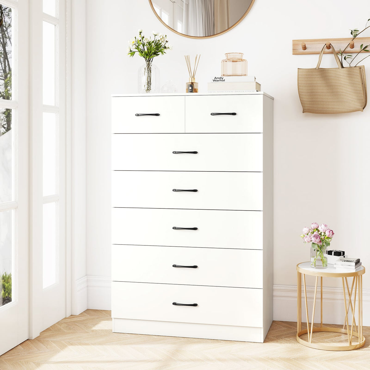 7-Drawer Tall Dresser with Metal Handles - White (min order qty 2)-Dressers & Chests-DECOROLALA