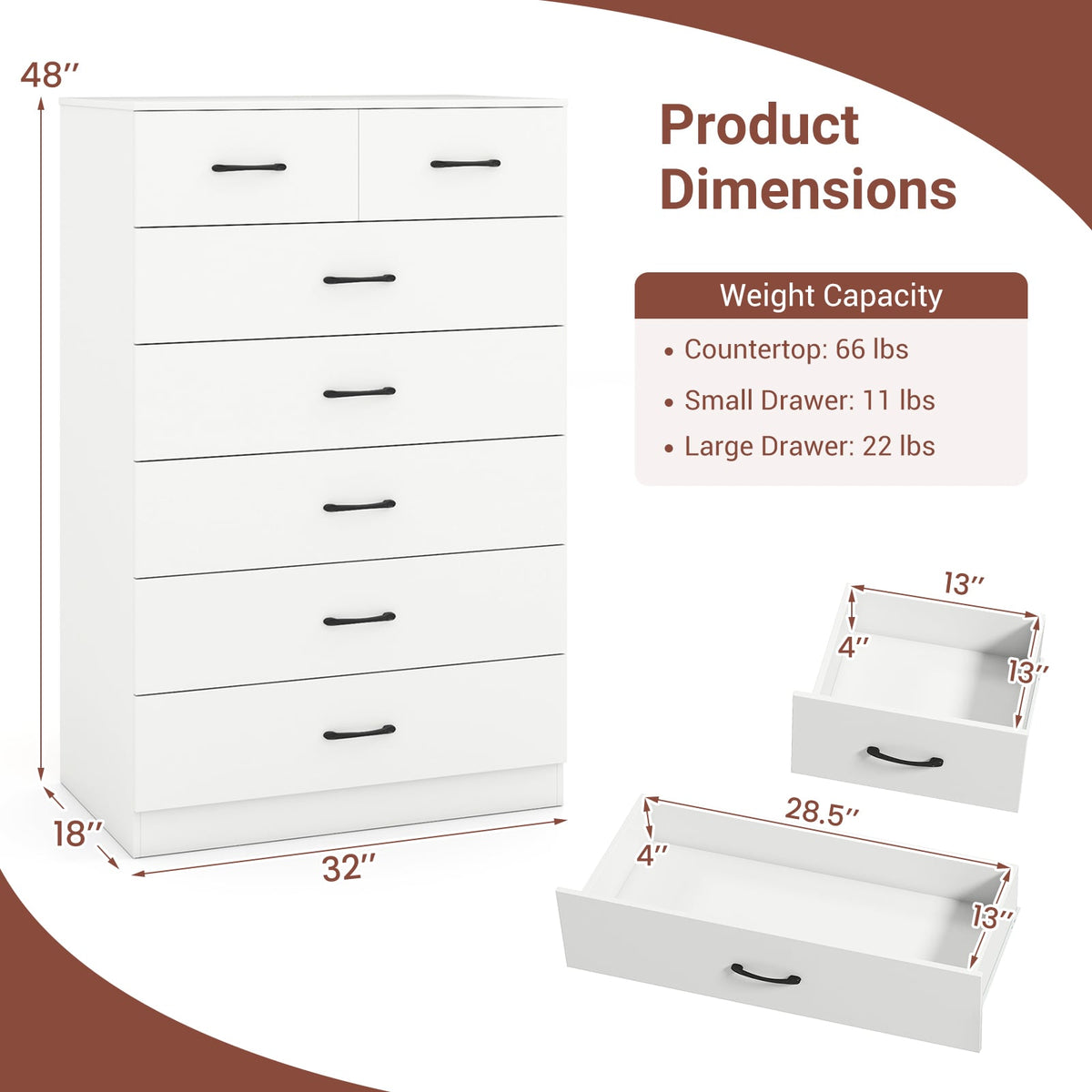 7-Drawer Tall Dresser with Metal Handles - White (min order qty 2)-Dressers & Chests-DECOROLALA
