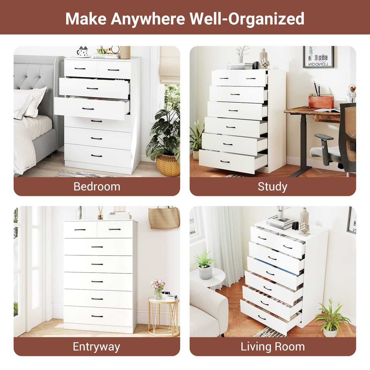 7-Drawer Tall Dresser with Metal Handles - White (min order qty 2)-Dressers & Chests-DECOROLALA