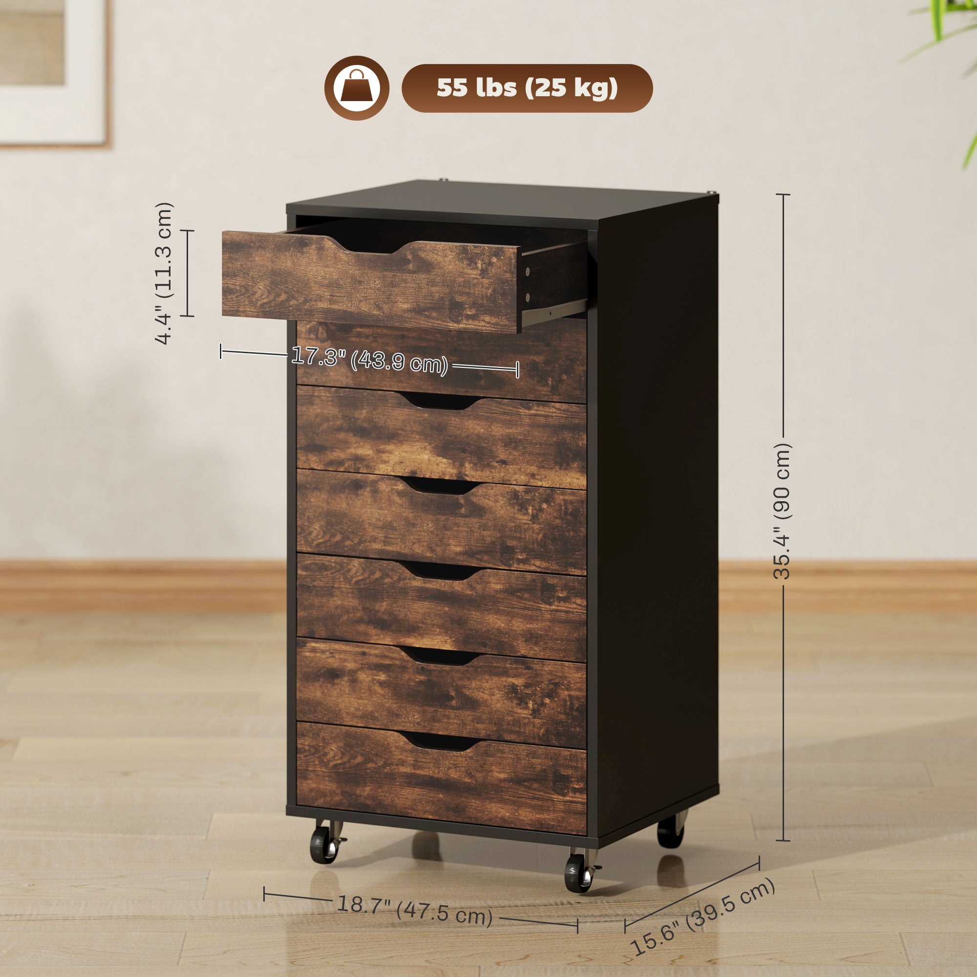 7-Drawer Vertical File Cabinet with Wheels - Rustic Brown-Office Products > Office Furniture > Office Cabinets & Cupboards-DECOROLALA