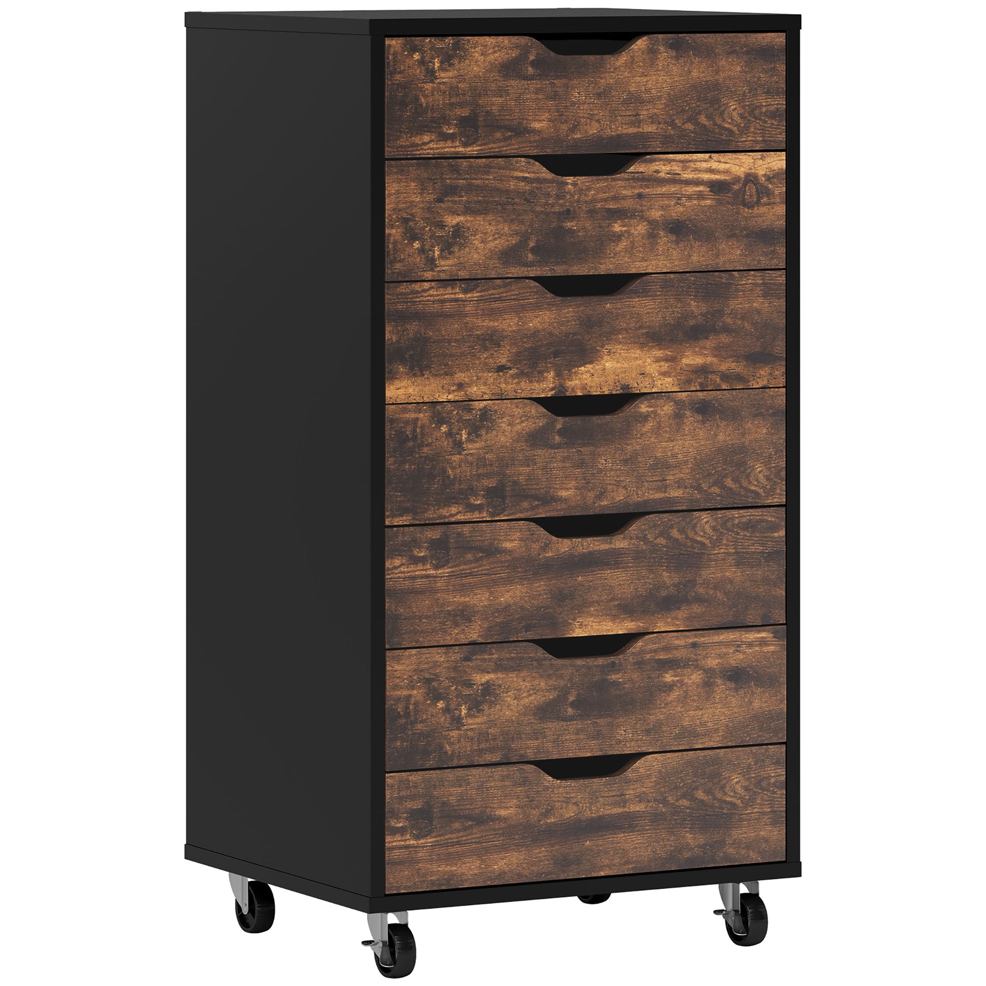 7-Drawer Vertical File Cabinet with Wheels - Rustic Brown-Office Products > Office Furniture > Office Cabinets & Cupboards-DECOROLALA