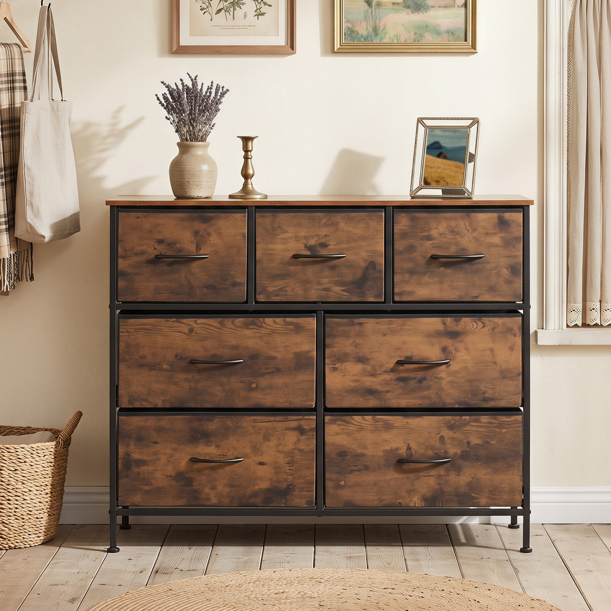 7-Drawer Wide Dresser - Rustic Brown (min order qty 2)-Dressers & Chests-DECOROLALA