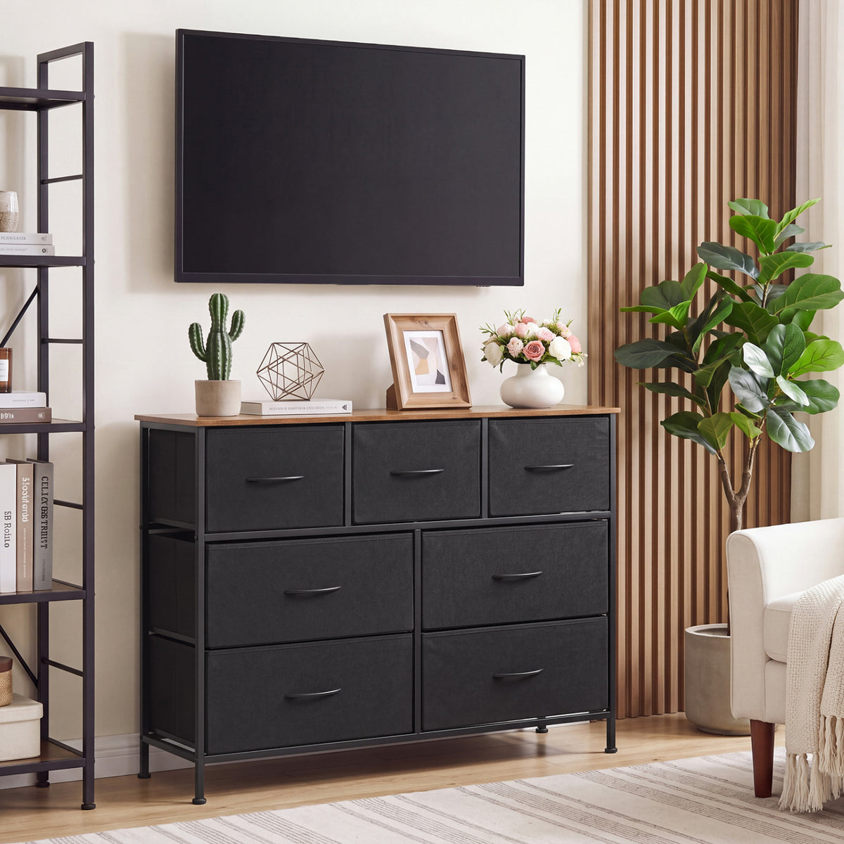 7-Drawer Wide Dresser with Fabric Drawers - Black (min order qty 2)-Dressers & Chests-DECOROLALA