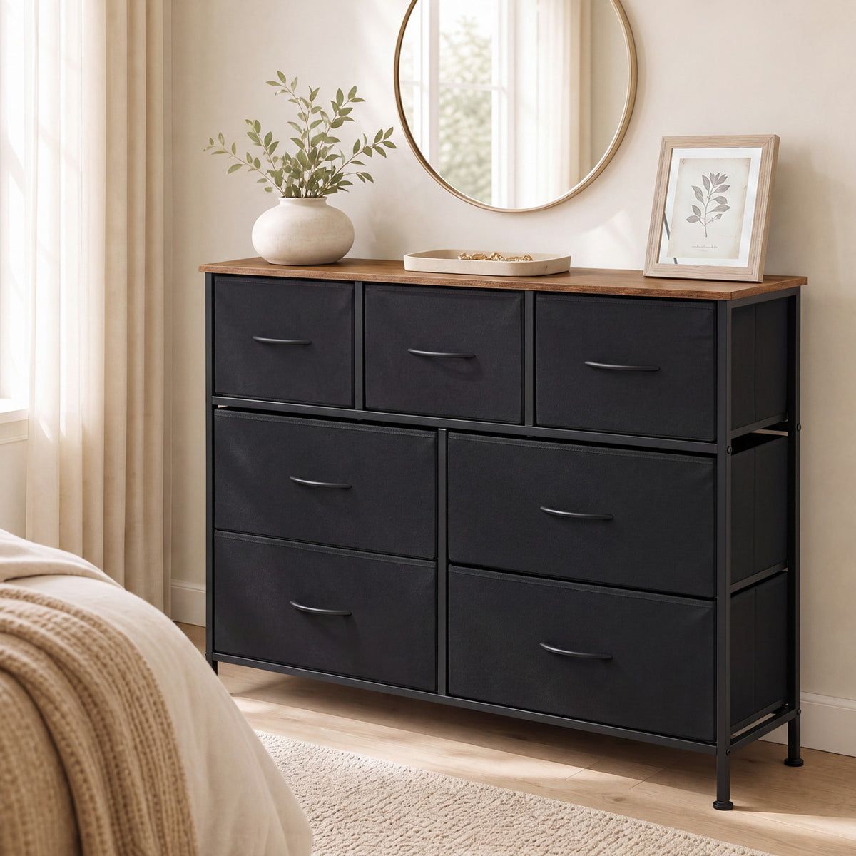7-Drawer Wide Dresser with Fabric Drawers - Black (min order qty 2)-Dressers & Chests-DECOROLALA