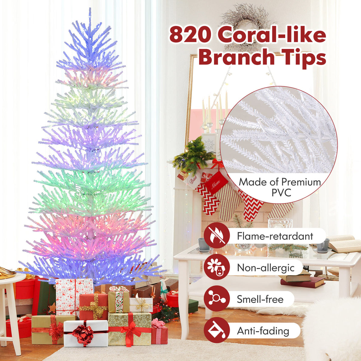 7 FT Artificial Pre-lit Christmas Tree Hinged Xmas Tree with 820 Coral-like Branch Tips-Christmas Trees-DECOROLALA