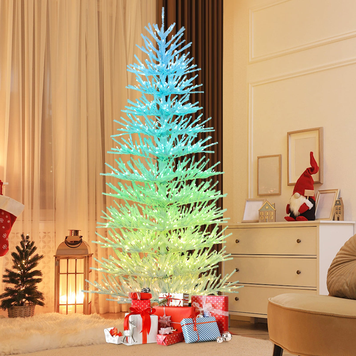 7 FT Artificial Pre-lit Christmas Tree Hinged Xmas Tree with 820 Coral-like Branch Tips-Christmas Trees-DECOROLALA