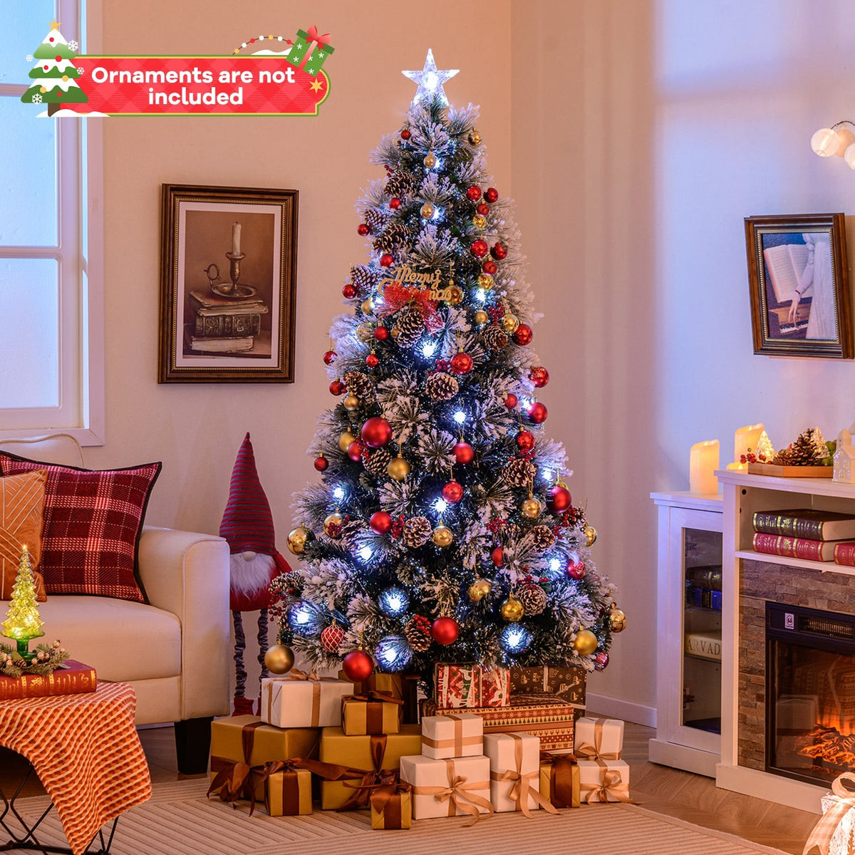 7 FT Flocked Christmas Tree with 8 Lighting Modes-Christmas Trees-DECOROLALA