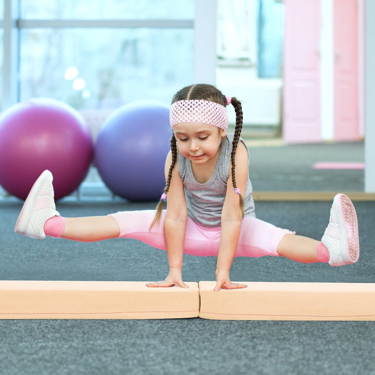 7 FT Folding Balance Beam with Removable Suede Cover and Non-slip Bottom-Khaki-Yoga & Gym Mats-DECOROLALA