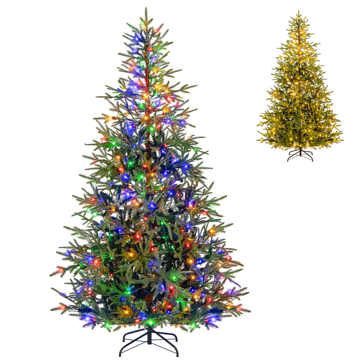 7 FT Pre-Lit Artificial Christmas Tree Hinged Xmas Tree with 300 Warm White & Multicolored LED Lights-Christmas Trees-DECOROLALA