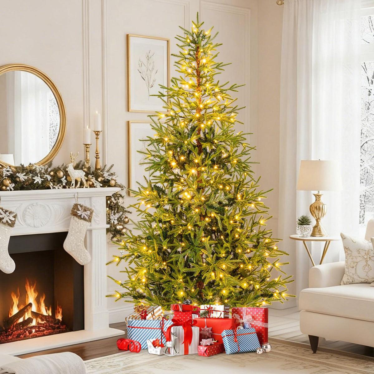 7 FT Pre-Lit Artificial Christmas Tree Hinged Xmas Tree with 300 Warm White & Multicolored LED Lights-Christmas Trees-DECOROLALA