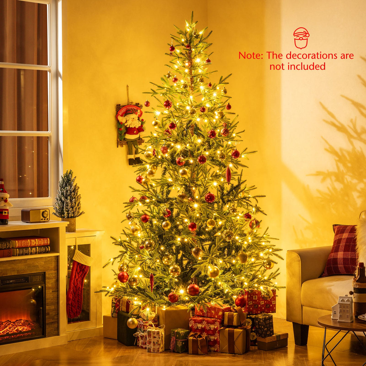 7 FT Pre-Lit Artificial Christmas Tree Hinged Xmas Tree with 300 Warm White & Multicolored LED Lights-Christmas Trees-DECOROLALA