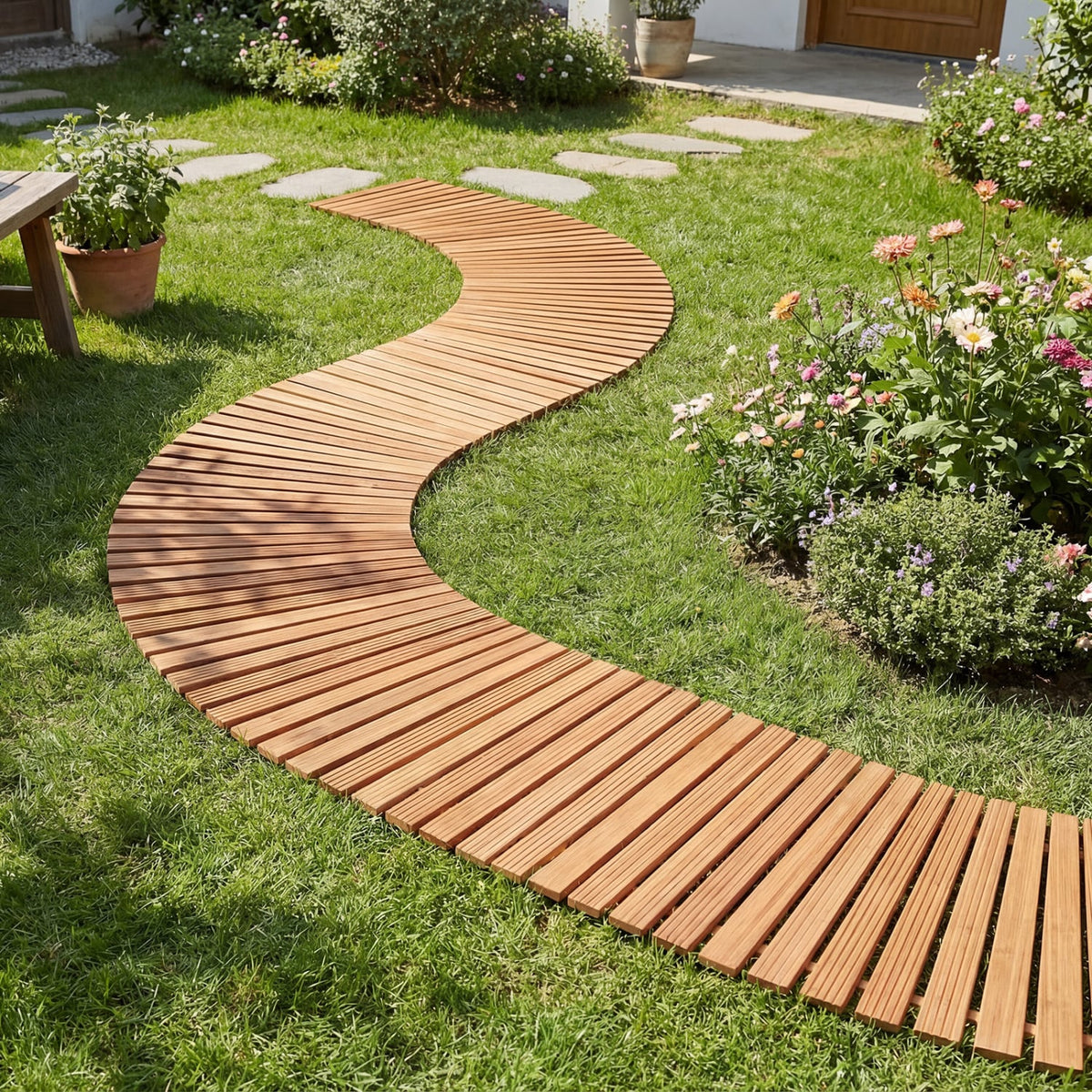 7 FT Wooden Garden Pathway with Anti-slip Surface for Gardens Patios-Natural-Garden Pathways-DECOROLALA
