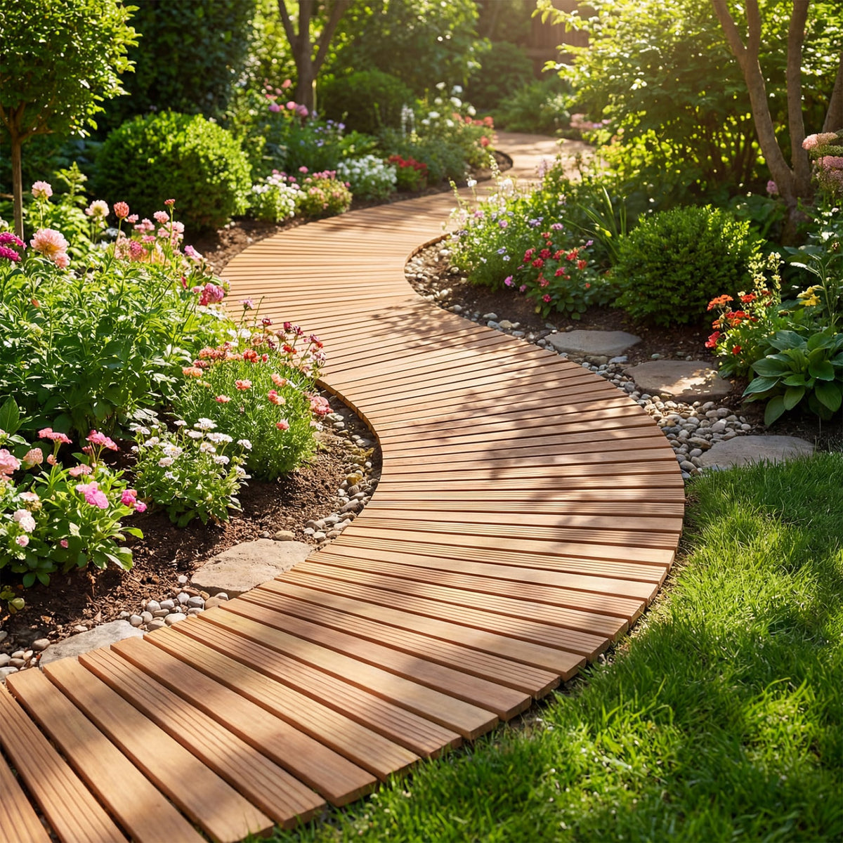 7 FT Wooden Garden Pathway with Anti-slip Surface for Gardens Patios-Natural-Garden Pathways-DECOROLALA