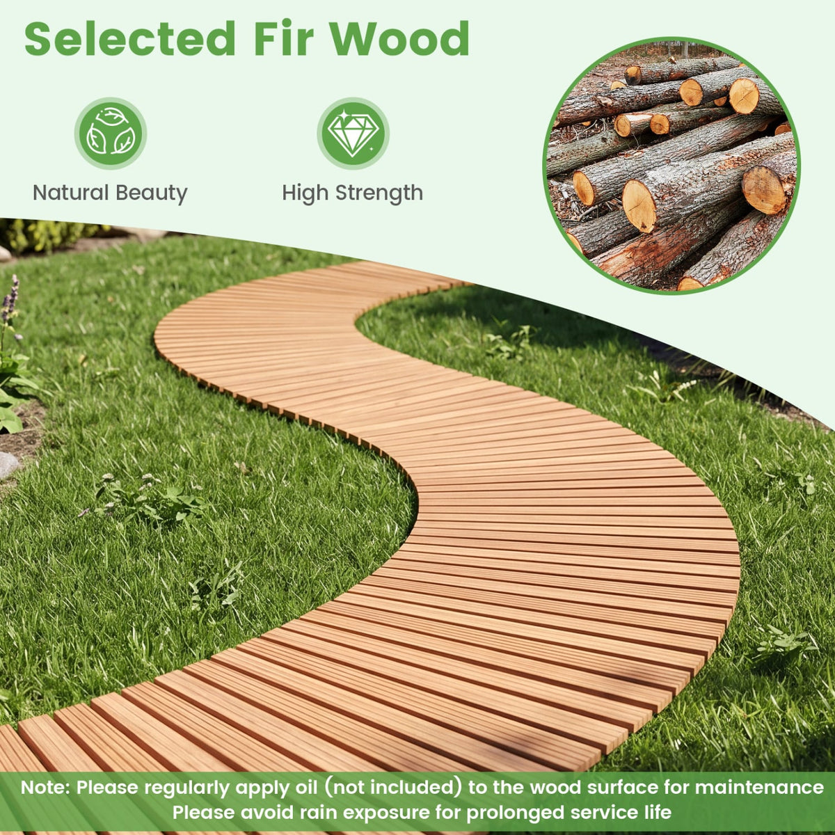 7 FT Wooden Garden Pathway with Anti-slip Surface for Gardens Patios-Natural-Garden Pathways-DECOROLALA