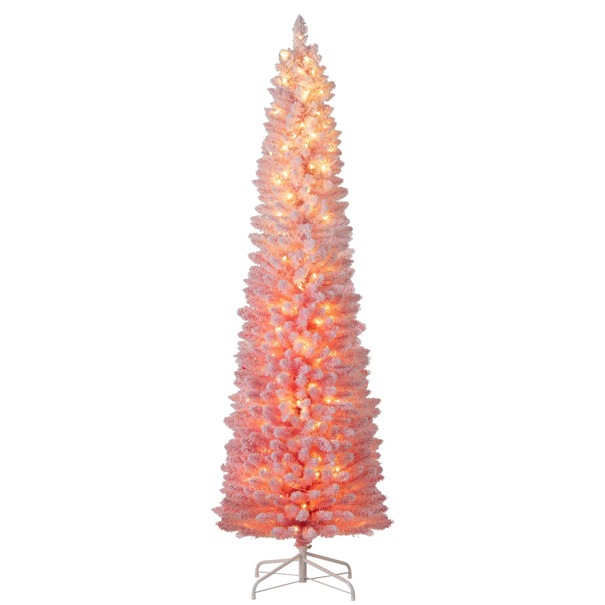 7 FTSnow-flocked Artificial Pink Christmas Tree Pre-lit Hinged Xmas Tree for Holiday Decoration-Christmas Trees-DECOROLALA