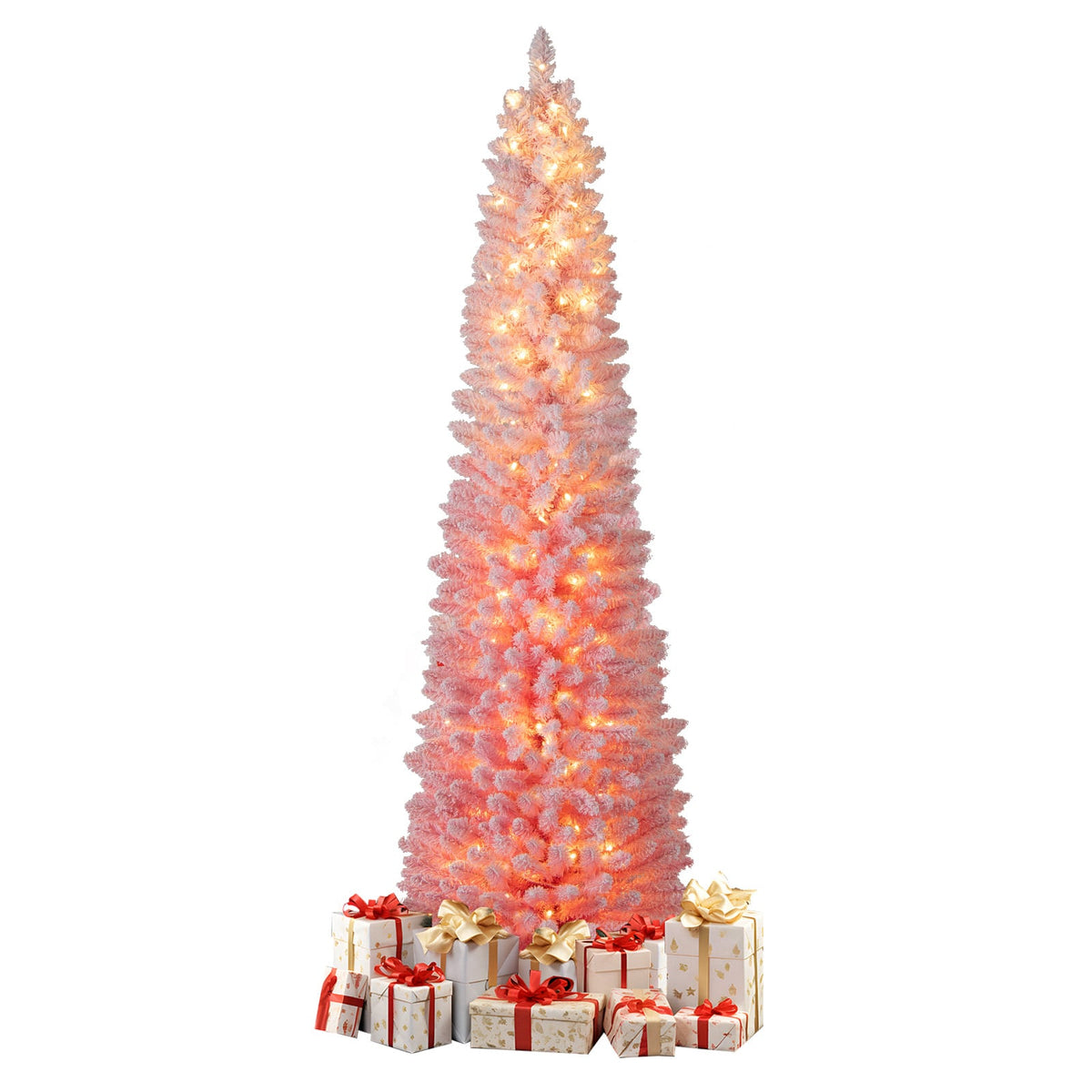 7 FTSnow-flocked Artificial Pink Christmas Tree Pre-lit Hinged Xmas Tree for Holiday Decoration-Christmas Trees-DECOROLALA