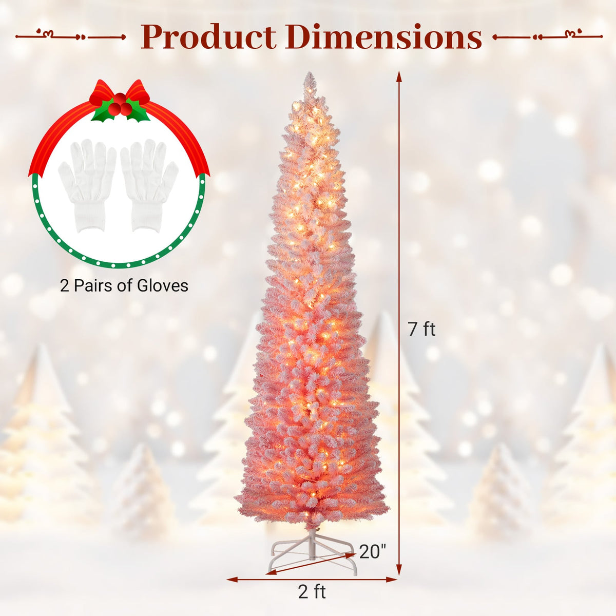 7 FTSnow-flocked Artificial Pink Christmas Tree Pre-lit Hinged Xmas Tree for Holiday Decoration-Christmas Trees-DECOROLALA