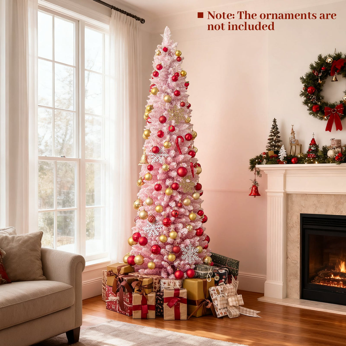 7 FTSnow-flocked Artificial Pink Christmas Tree Pre-lit Hinged Xmas Tree for Holiday Decoration-Christmas Trees-DECOROLALA