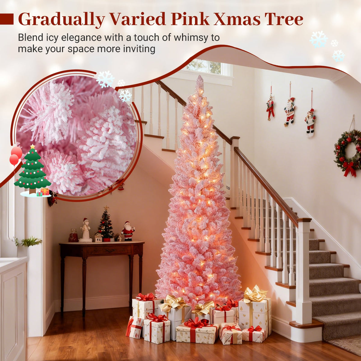 7 FTSnow-flocked Artificial Pink Christmas Tree Pre-lit Hinged Xmas Tree for Holiday Decoration-Christmas Trees-DECOROLALA