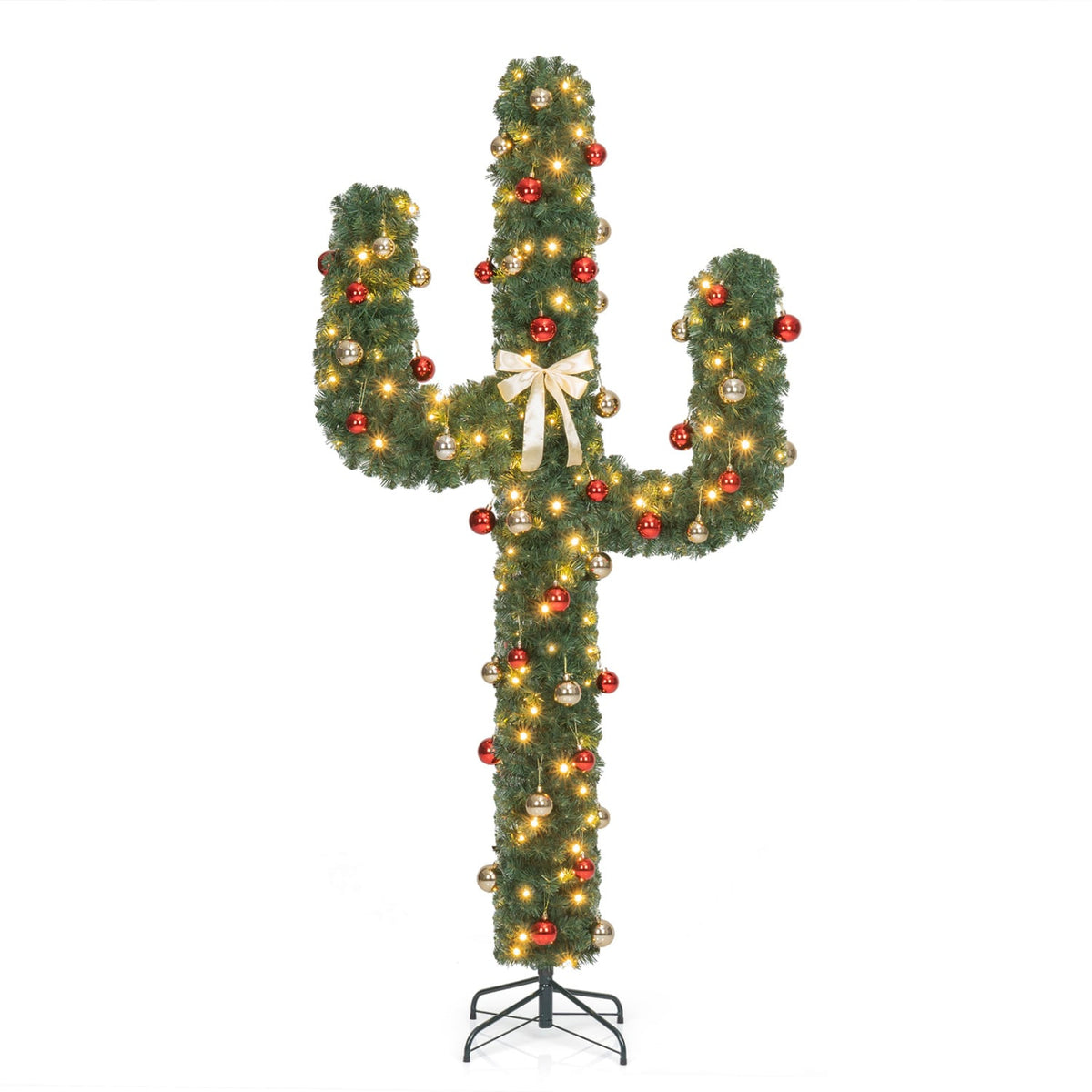 7 Feet Artificial Cactus PVC Christmas Tree with LED Lights and Ball Ornaments-7 ft-Christmas Trees-DECOROLALA