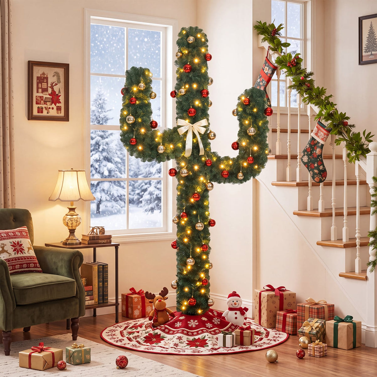 7 Feet Artificial Cactus PVC Christmas Tree with LED Lights and Ball Ornaments-7 ft-Christmas Trees-DECOROLALA