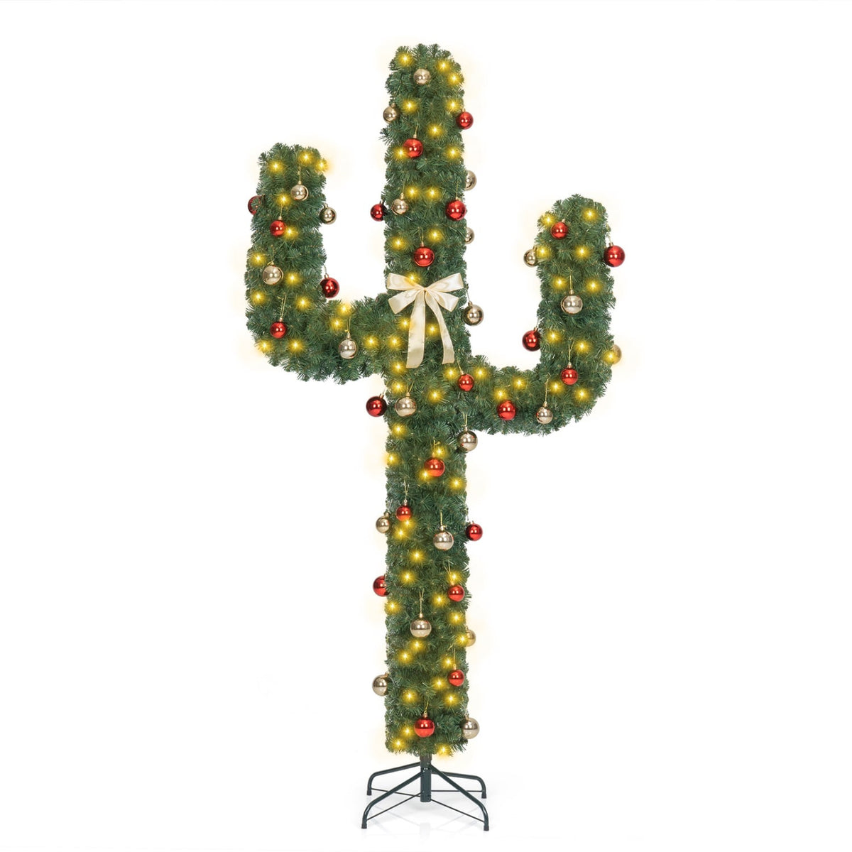 7 Feet Artificial Cactus PVC Christmas Tree with LED Lights and Ball Ornaments-7 ft-Christmas Trees-DECOROLALA