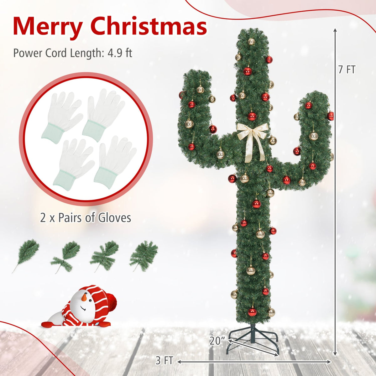 7 Feet Artificial Cactus PVC Christmas Tree with LED Lights and Ball Ornaments-7 ft-Christmas Trees-DECOROLALA