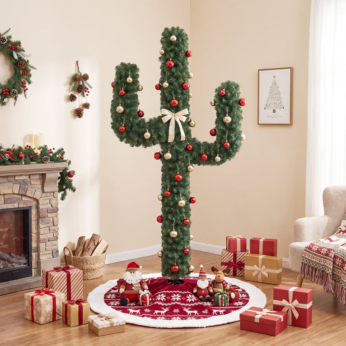 7 Feet Artificial Cactus PVC Christmas Tree with LED Lights and Ball Ornaments-7 ft-Christmas Trees-DECOROLALA