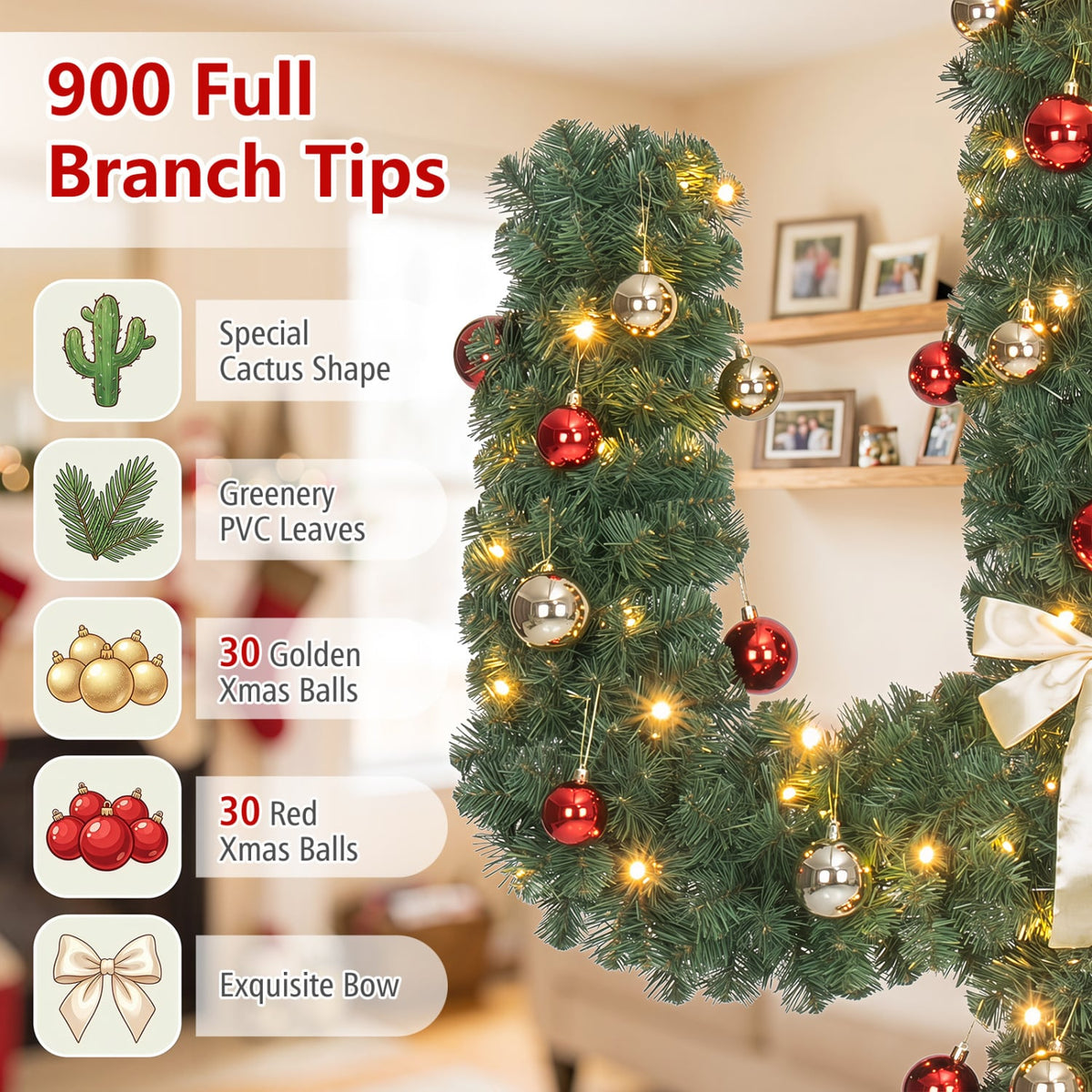 7 Feet Artificial Cactus PVC Christmas Tree with LED Lights and Ball Ornaments-7 ft-Christmas Trees-DECOROLALA