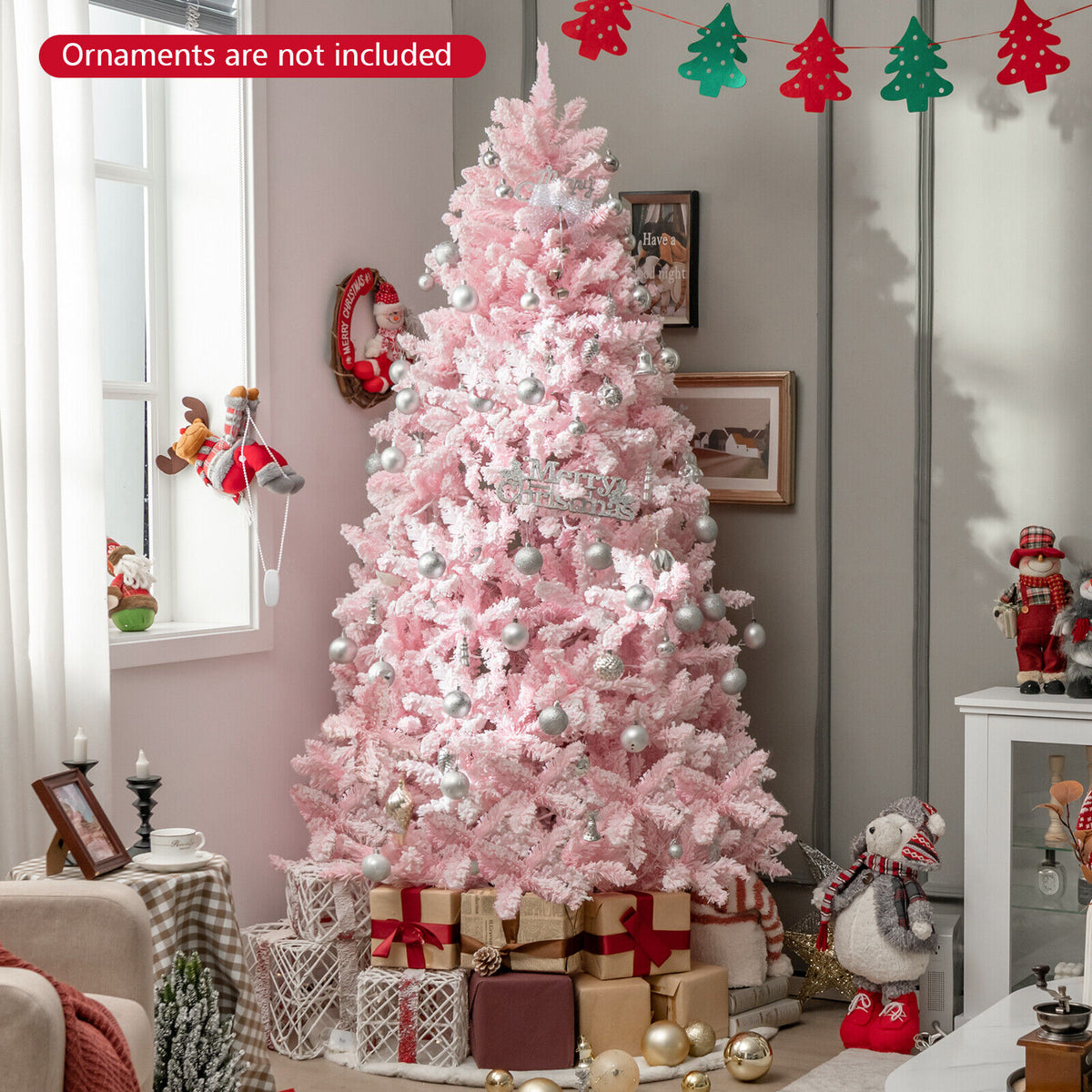 7 Feet Flocked Artificial Christmas Tree with 500 LED Lights and 1200 Branches-Christmas Trees-DECOROLALA