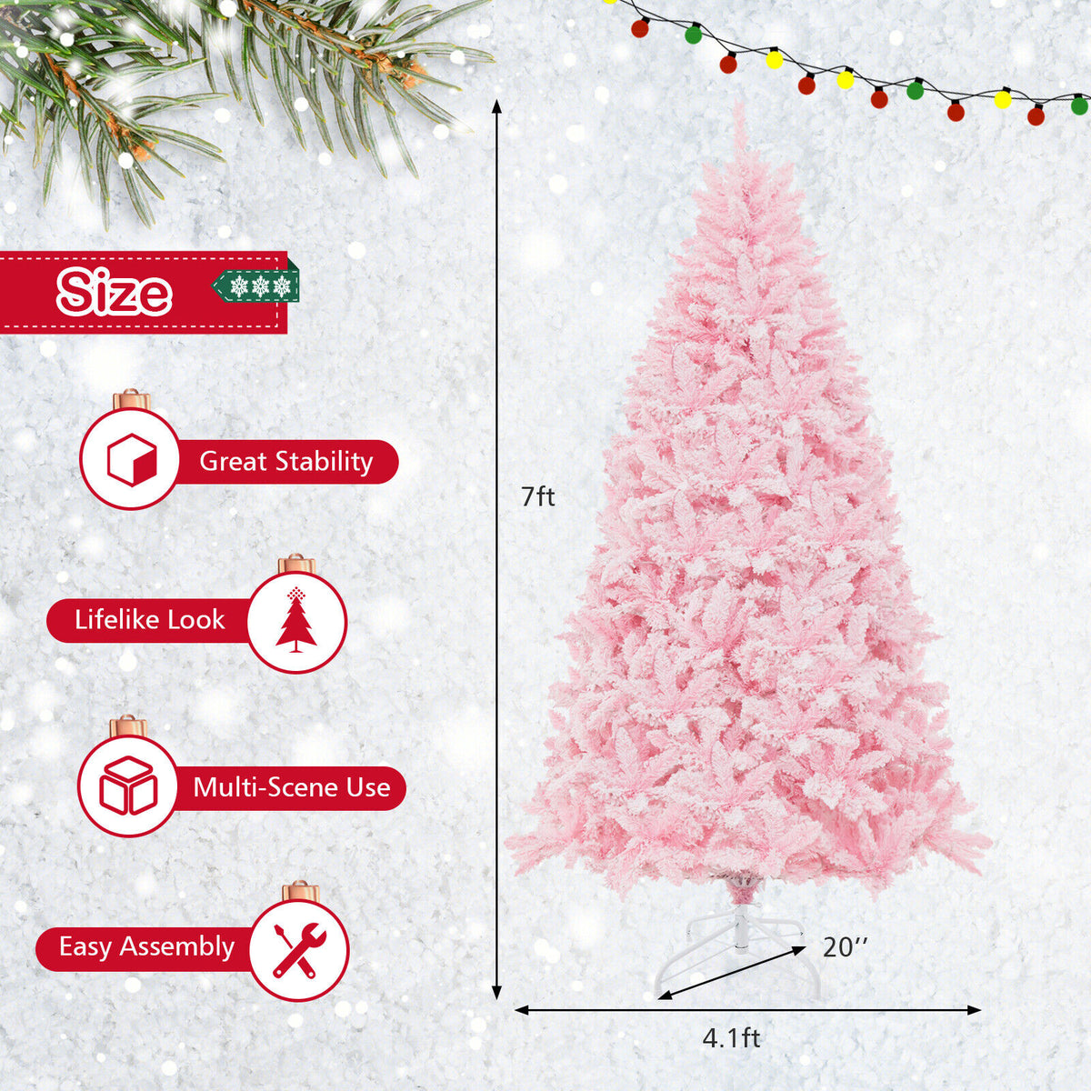 7 Feet Flocked Artificial Christmas Tree with 500 LED Lights and 1200 Branches-Christmas Trees-DECOROLALA
