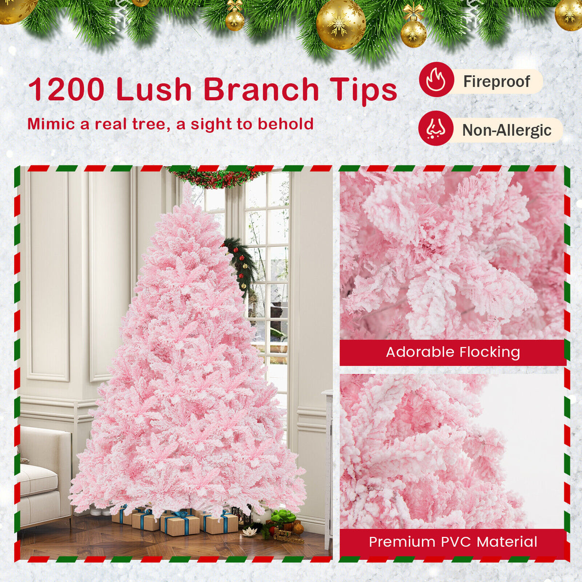 7 Feet Flocked Artificial Christmas Tree with 500 LED Lights and 1200 Branches-Christmas Trees-DECOROLALA