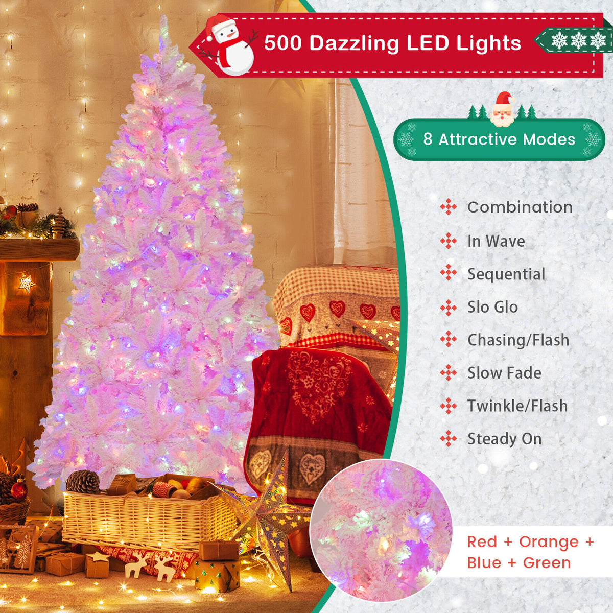7 Feet Flocked Artificial Christmas Tree with 500 LED Lights and 1200 Branches-Christmas Trees-DECOROLALA