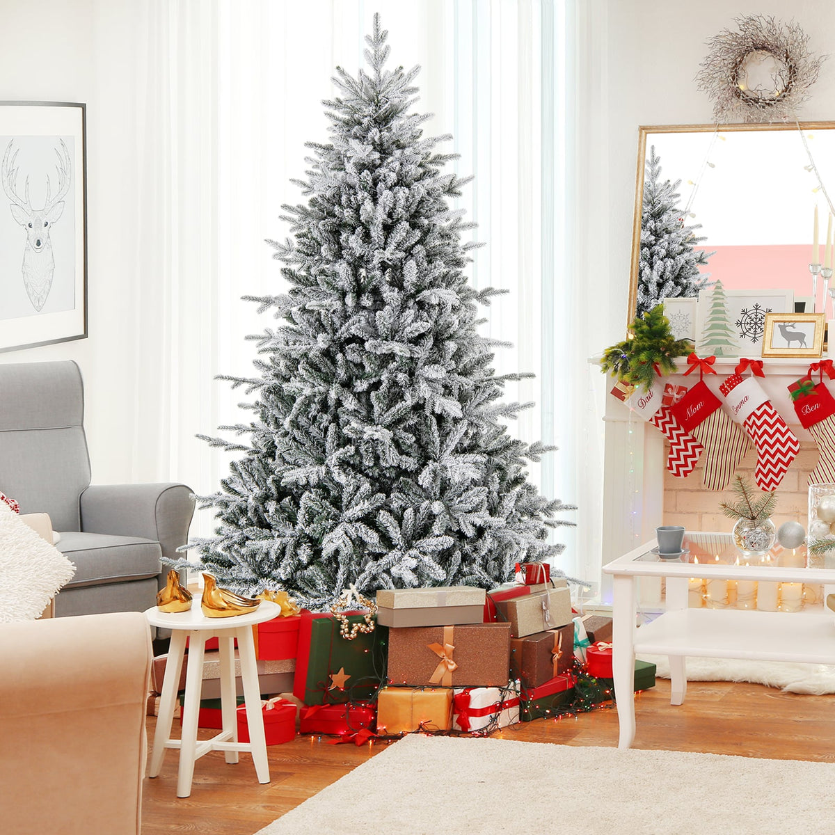 7 Feet Flocked Christmas Tree with 8 Lighting Modes and Multi-Color LED Lights-7 ft-Christmas Trees-DECOROLALA