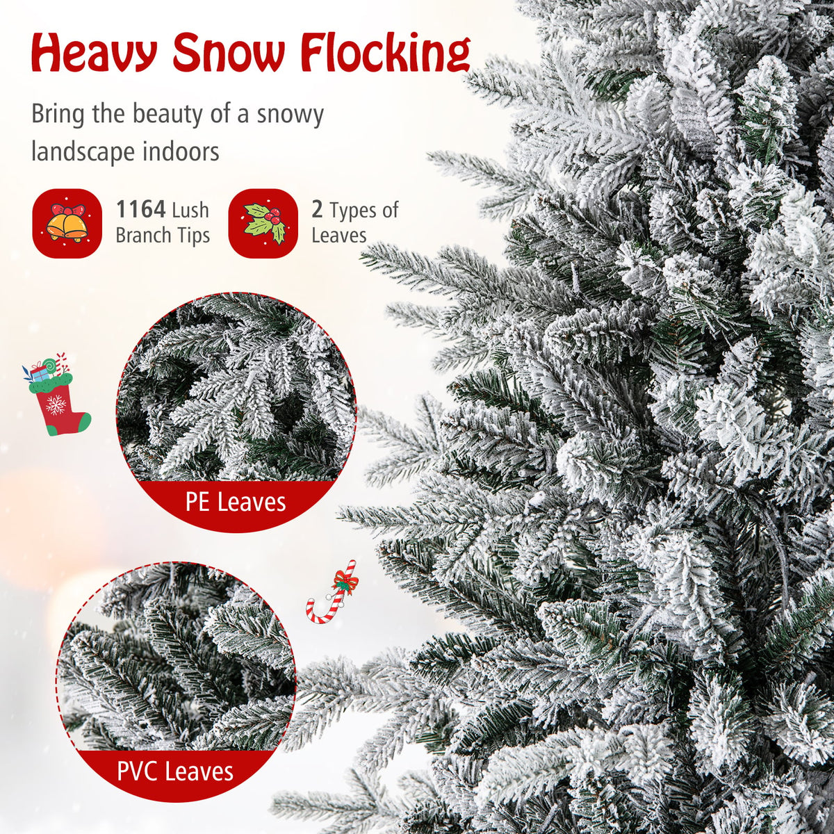 7 Feet Flocked Christmas Tree with 8 Lighting Modes and Multi-Color LED Lights-7 ft-Christmas Trees-DECOROLALA