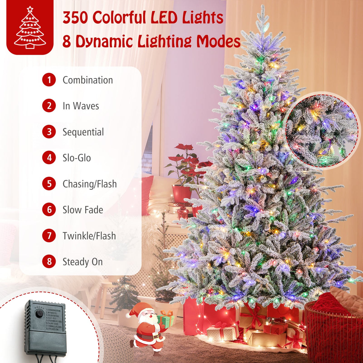 7 Feet Flocked Christmas Tree with 8 Lighting Modes and Multi-Color LED Lights-7 ft-Christmas Trees-DECOROLALA