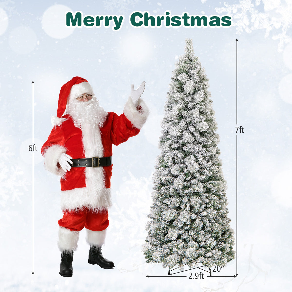 7 Feet Flocked Christmas Tree with Pine Needles and LED Lights-Christmas Trees-DECOROLALA