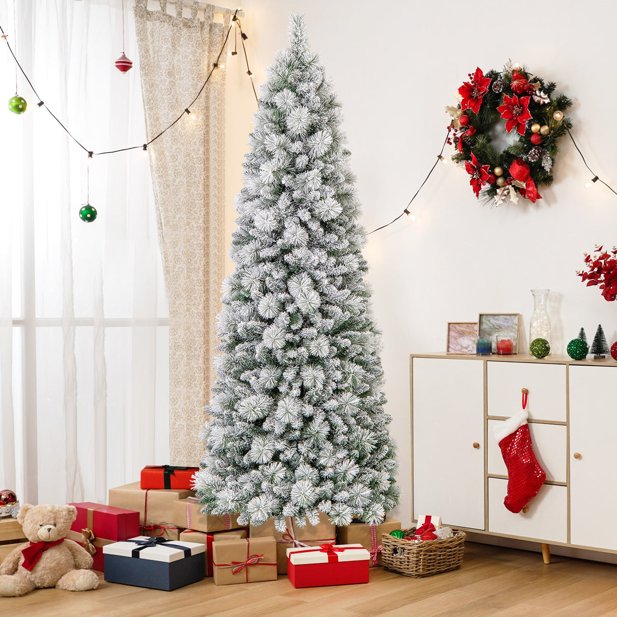 7 Feet Flocked Christmas Tree with Pine Needles and LED Lights-Christmas Trees-DECOROLALA