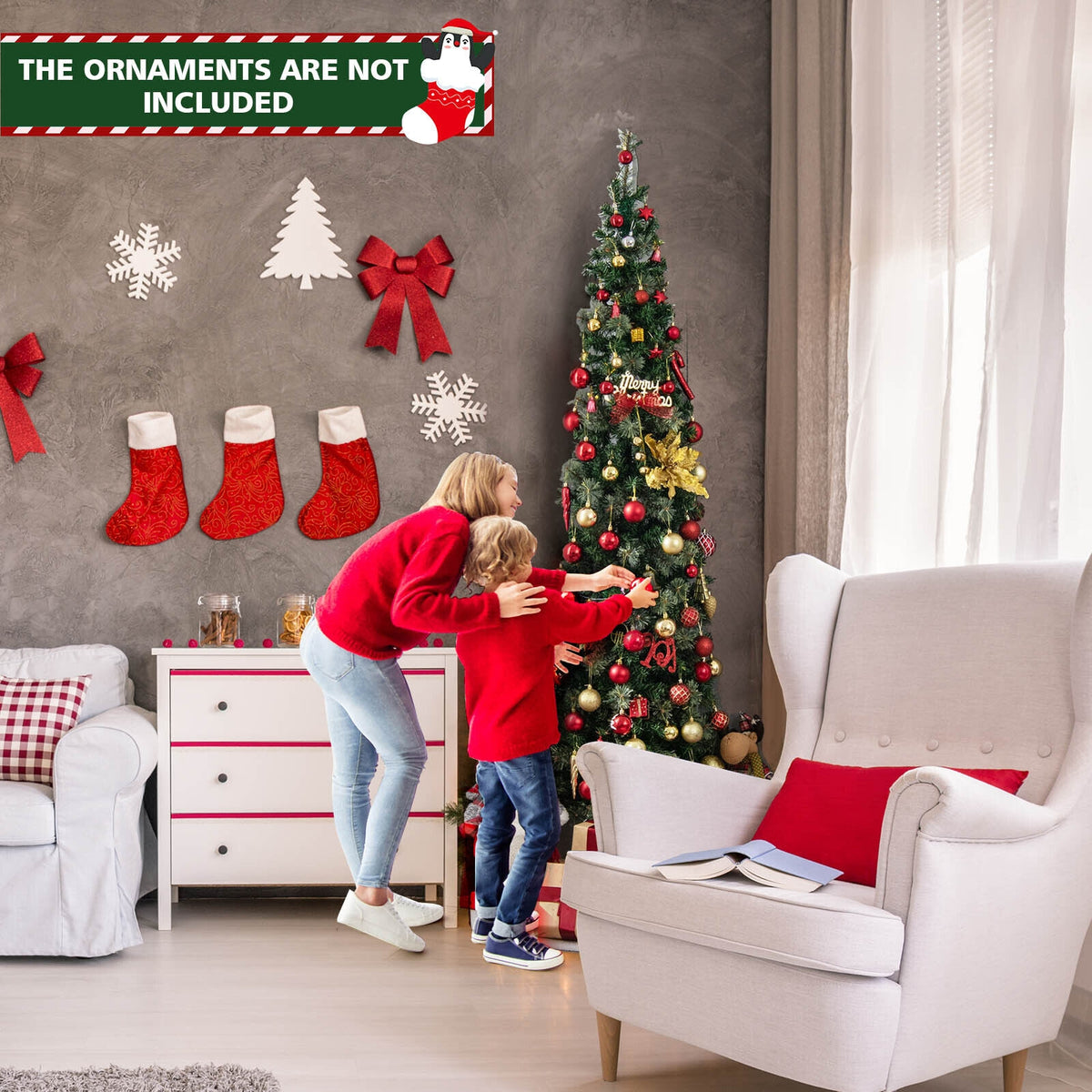 7 Feet Half Christmas Tree with Pine Needles and 150 Lights-Christmas Trees-DECOROLALA