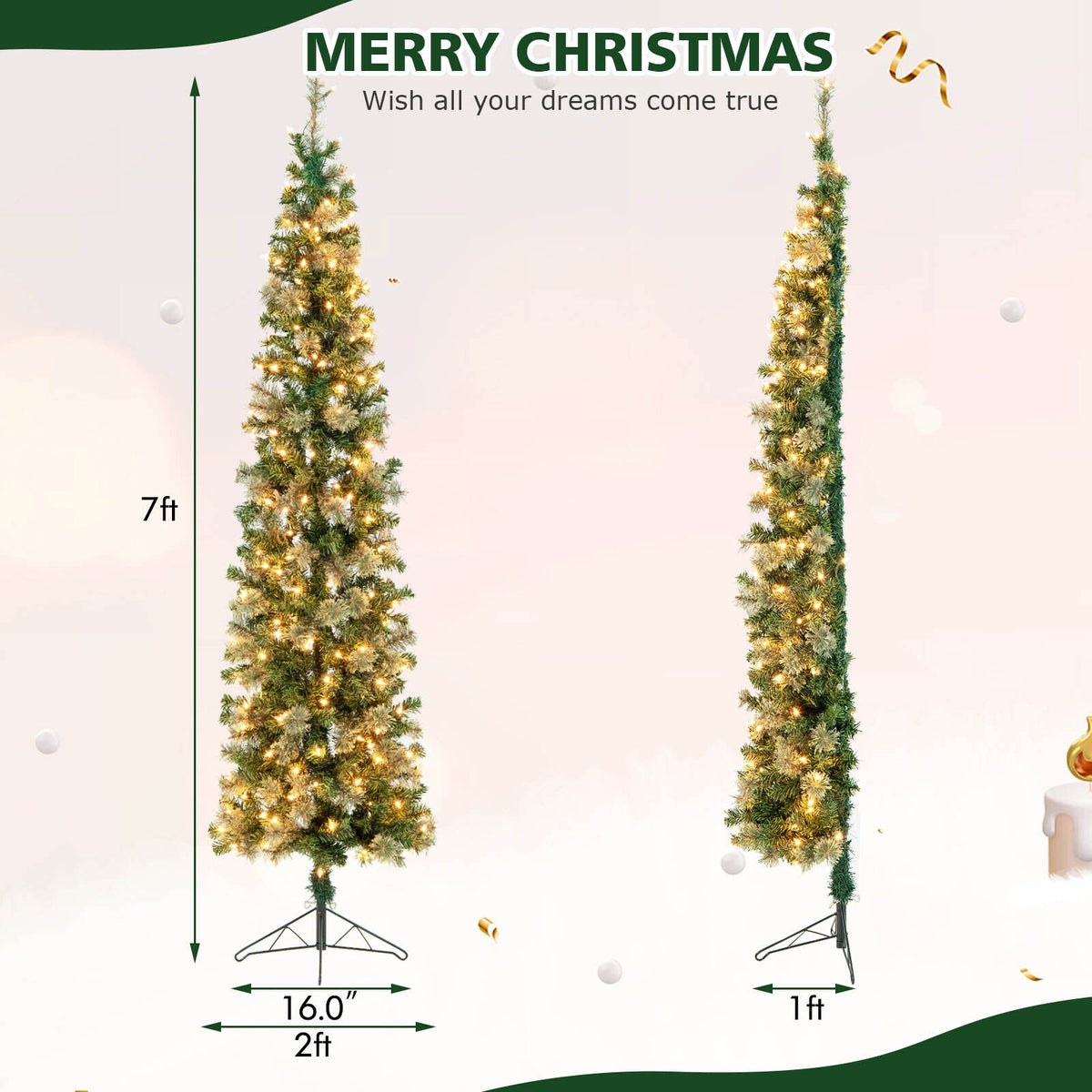 7 Feet Half Christmas Tree with Pine Needles and 150 Lights-Christmas Trees-DECOROLALA