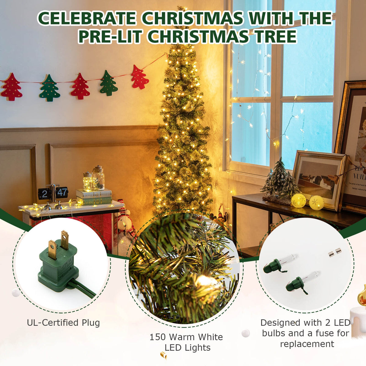 7 Feet Half Christmas Tree with Pine Needles and 150 Lights-Christmas Trees-DECOROLALA
