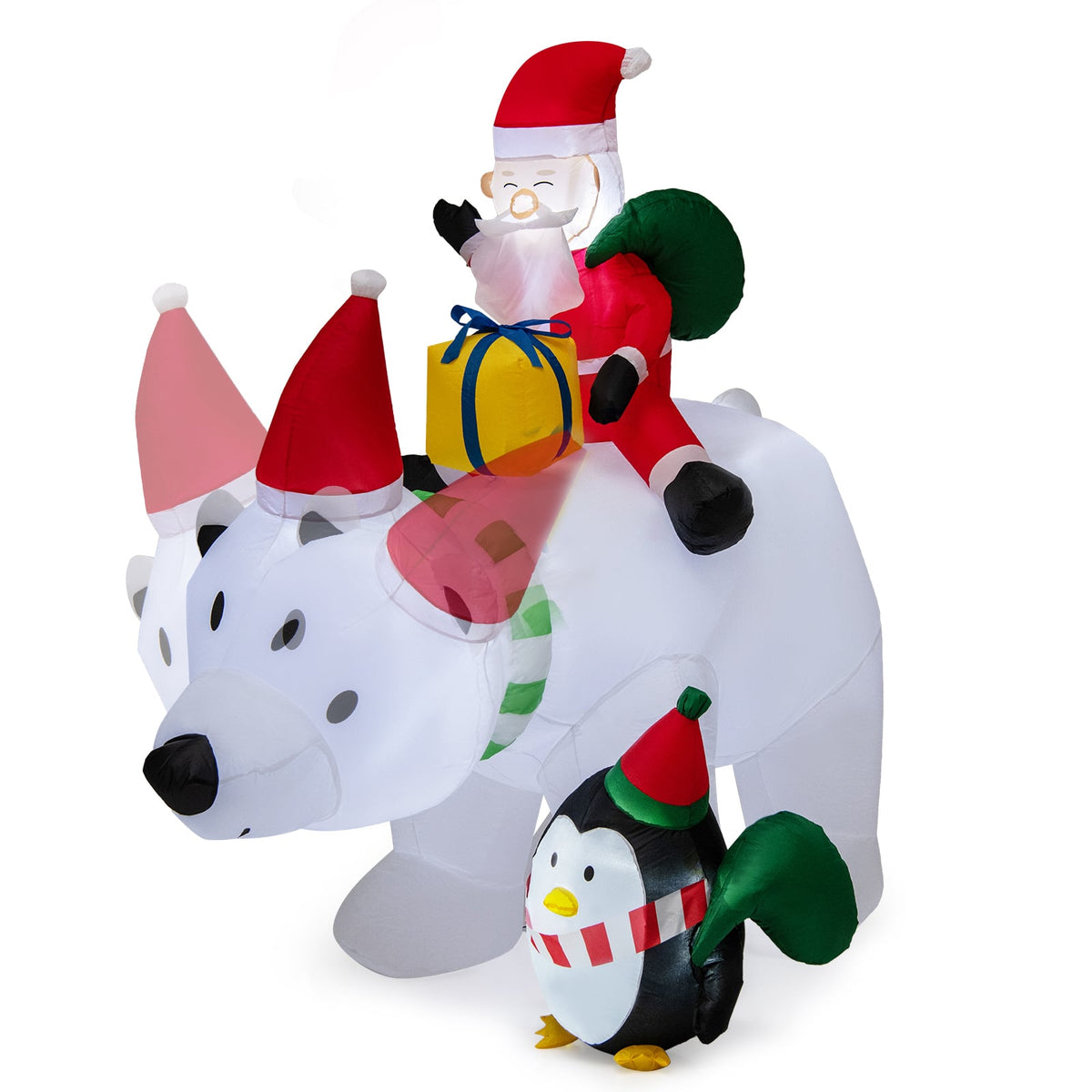 7 Feet Inflatable Santa Claus Riding Bear with Penguin Gift Bags and Gift Box-Christmas Inflatables-DECOROLALA